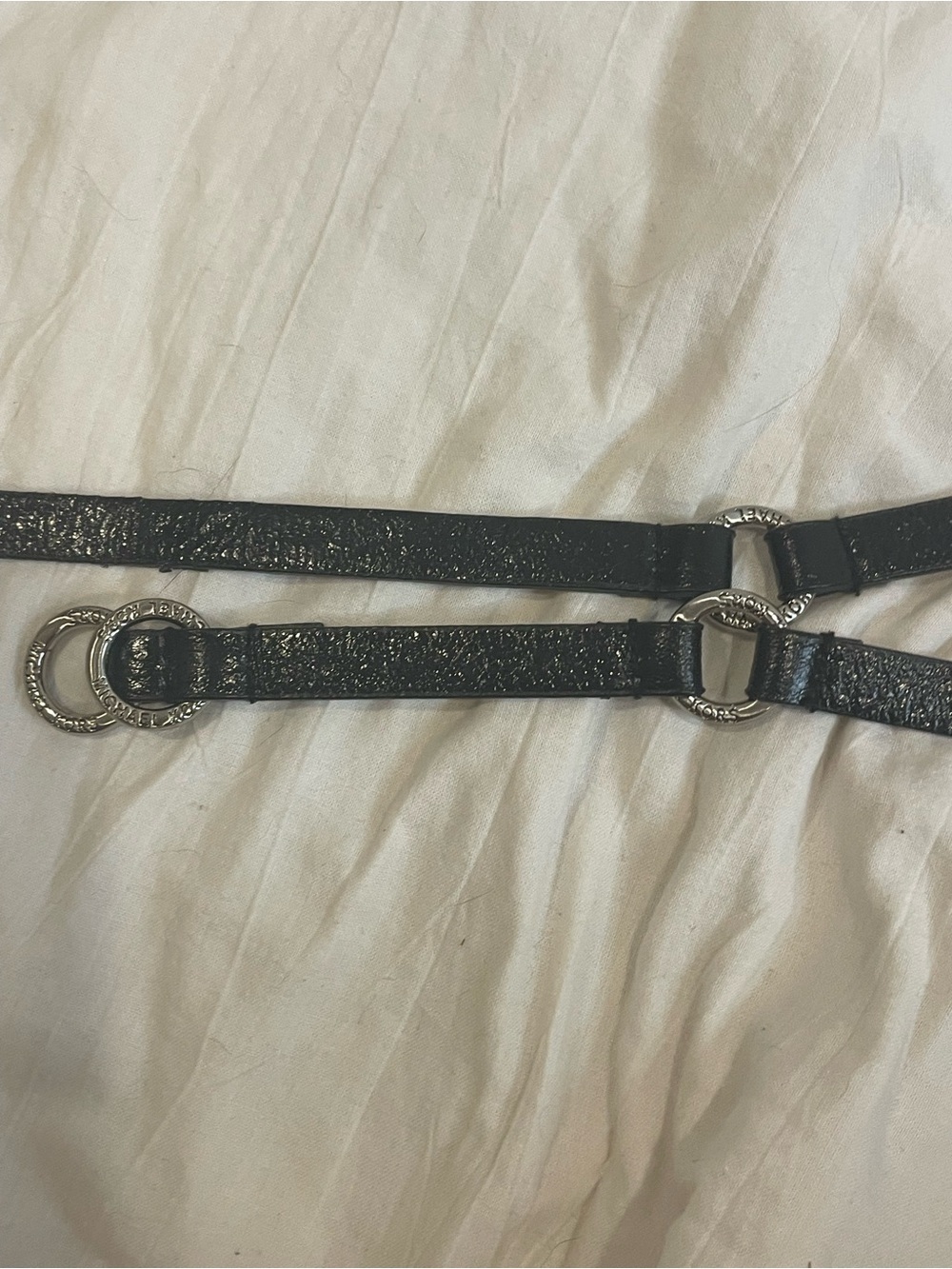 Michael Kors Black Leather Skinny Belt Silver Logo Ring Hardware S/M - Picture 7 of 9